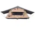 A beige and grey roof top tent with an extended awning, featuring a large window
