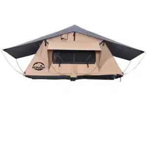 A beige and grey roof top tent with an extended awning, featuring a large window