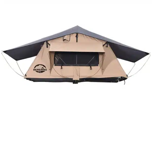 A beige and grey roof top tent with an extended awning, featuring a large window