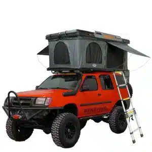 Roof top tent mounted on an off-road SUV with ladder access