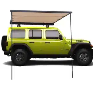 Car awning mounted on a green SUV providing outdoor shade