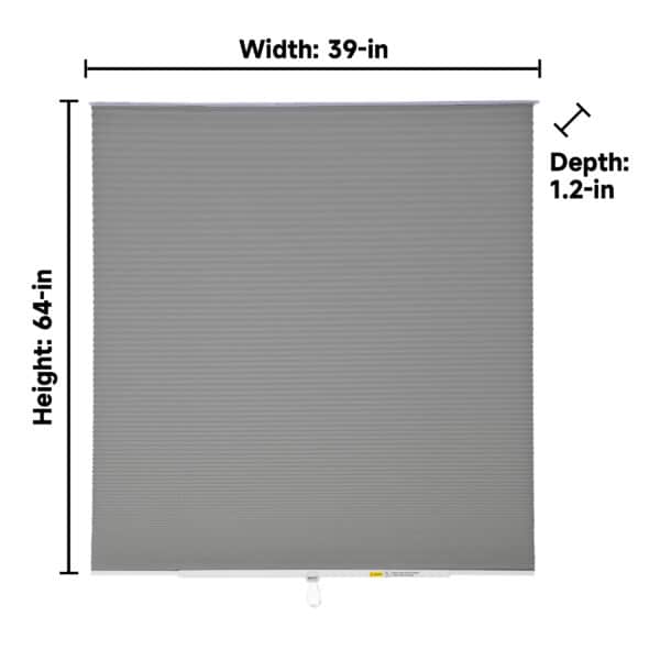 Grey cellular blind with 39-inch width, 64-inch height, and 1.2-inch depth