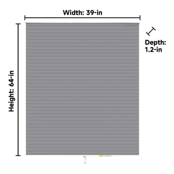 Grey cellular blind with dimensions 39 inches wide, 64 inches tall, and 1.2 inches deep