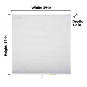 White blackout cellular blind with 39-inch width, 64-inch height, and 1.2-inch depth
