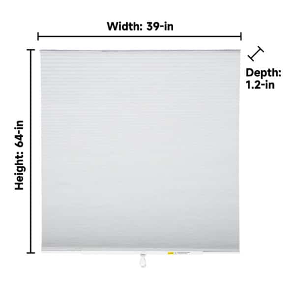 White blackout cellular blind with 39-inch width, 64-inch height, and 1.2-inch depth