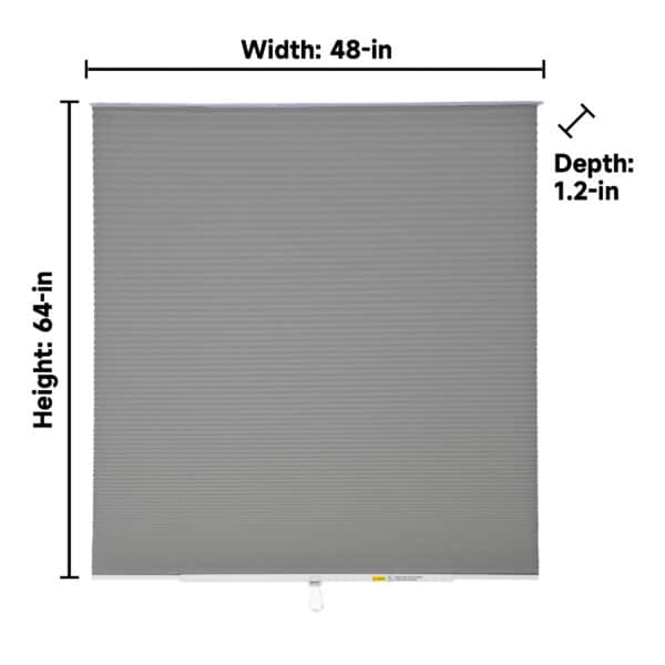 Grey cellular blind measuring 48 inches wide, 64 inches high, and 1.2 inches deep