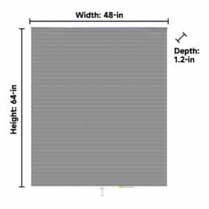Grey light-filtering cellular blind measuring 48 inches wide, 64 inches high, and 1.2 inches deep