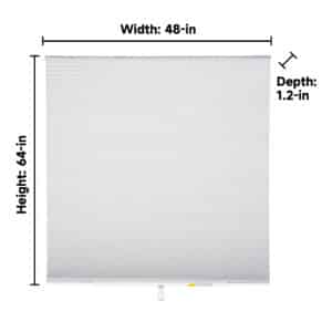 White light-filtering cellular blind measuring 48 inches wide, 64 inches tall, and 1.2 inches deep
