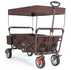 Brown folding wagon with a canopy, suitable for outdoor use and carrying children or gear.