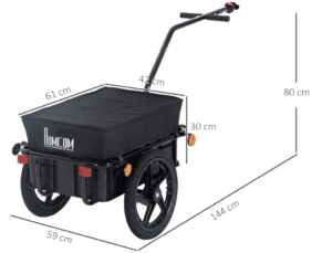 Dimensions of a black bicycle trailer cargo with handle and wheels