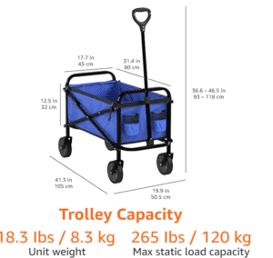 Blue folding wagon with a black frame and a handle, displaying its dimensions in inches and centimeters, and highlighting its unit weight and maximum static load capacity.
