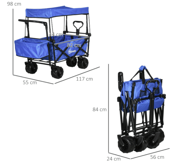 Blue folding wagon with a canopy, shown in both its open, expanded state with dimensions and its compact, folded state.