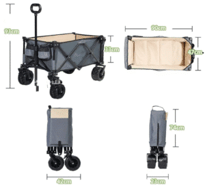 Dimensions and views of a foldable trolley cart in expanded and collapsed states