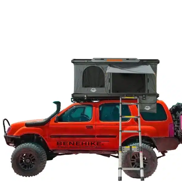 Roof top tent mounted on an off-road SUV with ladder access