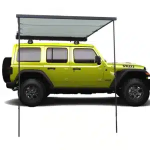 Car awning mounted on a green Jeep SUV providing extended roof shade